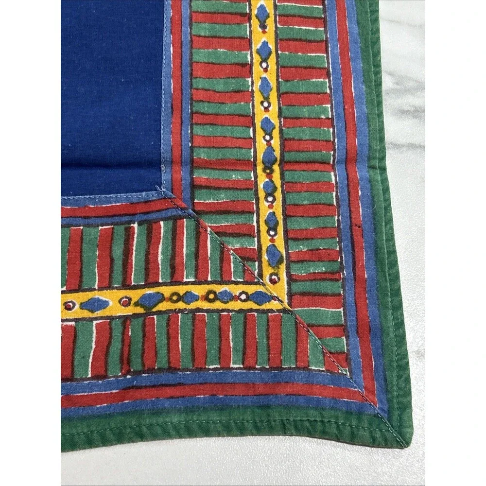 Vintage Pottery Barn Napkin Dish Towel Blue Boho Square Cotton India Batik Print
